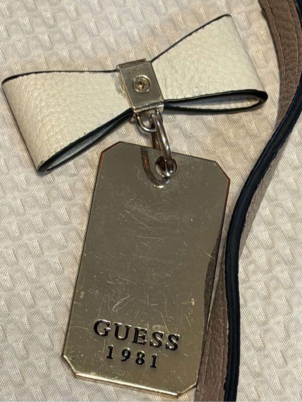 GUESS Ryann Satchel Colorblock Crossbody Handbag Beige Black Cream - Picture 8 of 16
